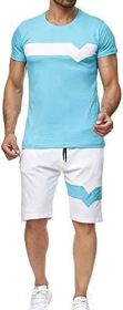 Men's Splicing 2 Piece Tracksuits Casual Short Sleeve Shirts and Shorts Suits (Color: Blue, size: XL)
