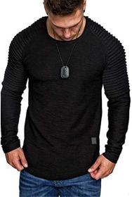 Men' s Long Sleeve Casual Shirts Solid Color Casual Top Stitching Stylish Dress Round Neck Slim Fit Male Shirts (Color: Black, size: M)